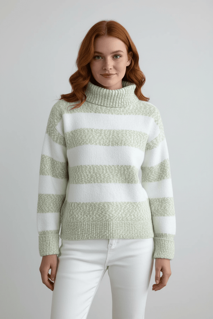 Women’s Plush Knit Jumper with Ribbed Turtleneck and Striped Texture
