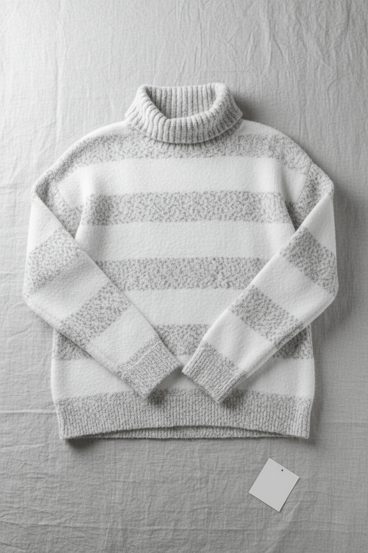 Women’s Plush Knit Jumper with Ribbed Turtleneck and Striped Texture