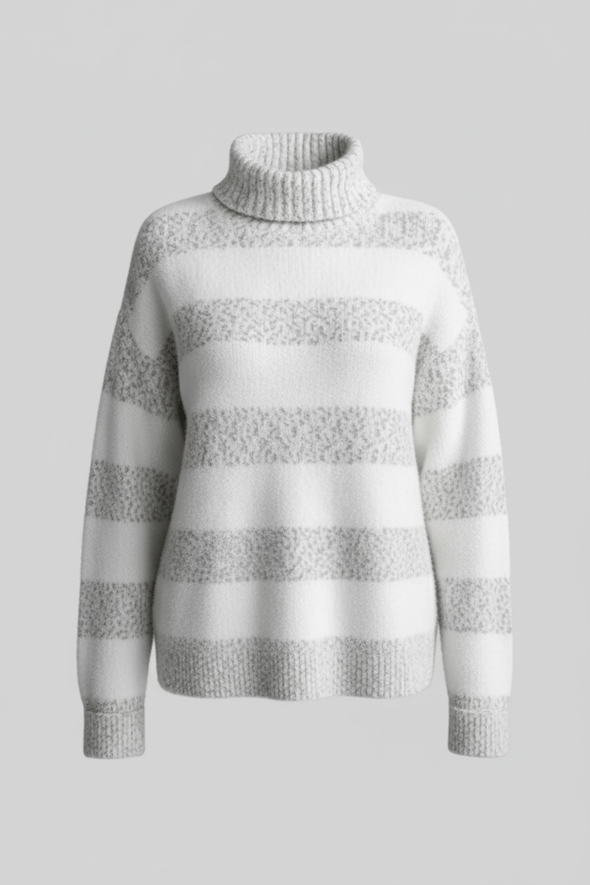 Women’s Plush Knit Jumper with Ribbed Turtleneck and Striped Texture
