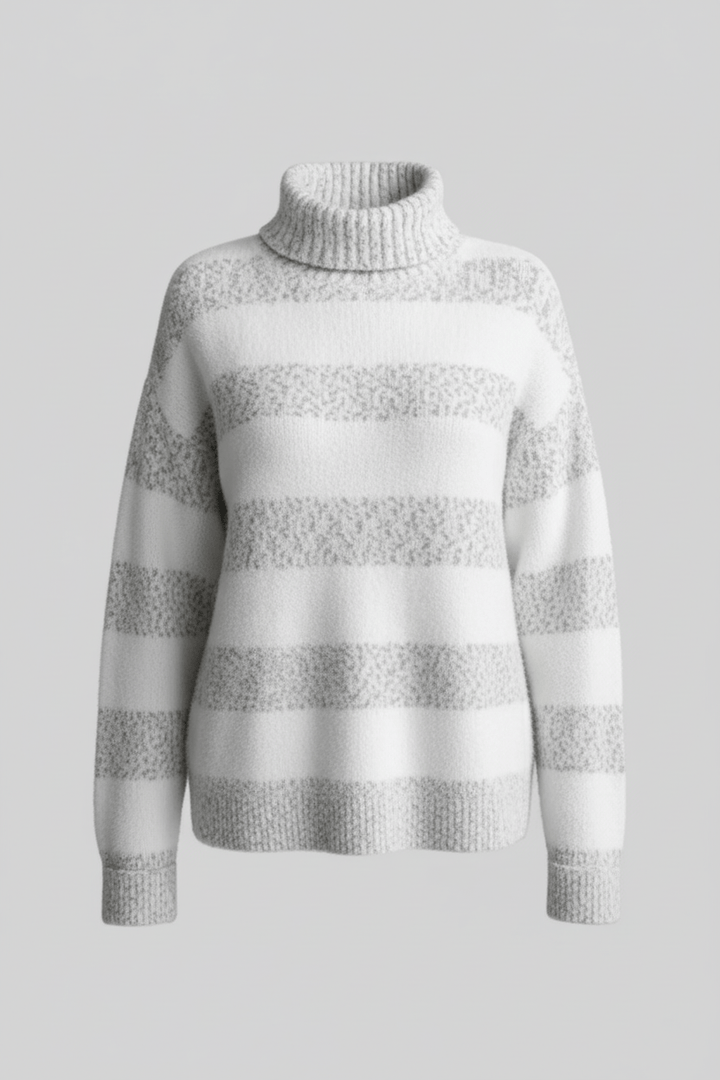 Women’s Plush Knit Jumper with Ribbed Turtleneck and Striped Texture
