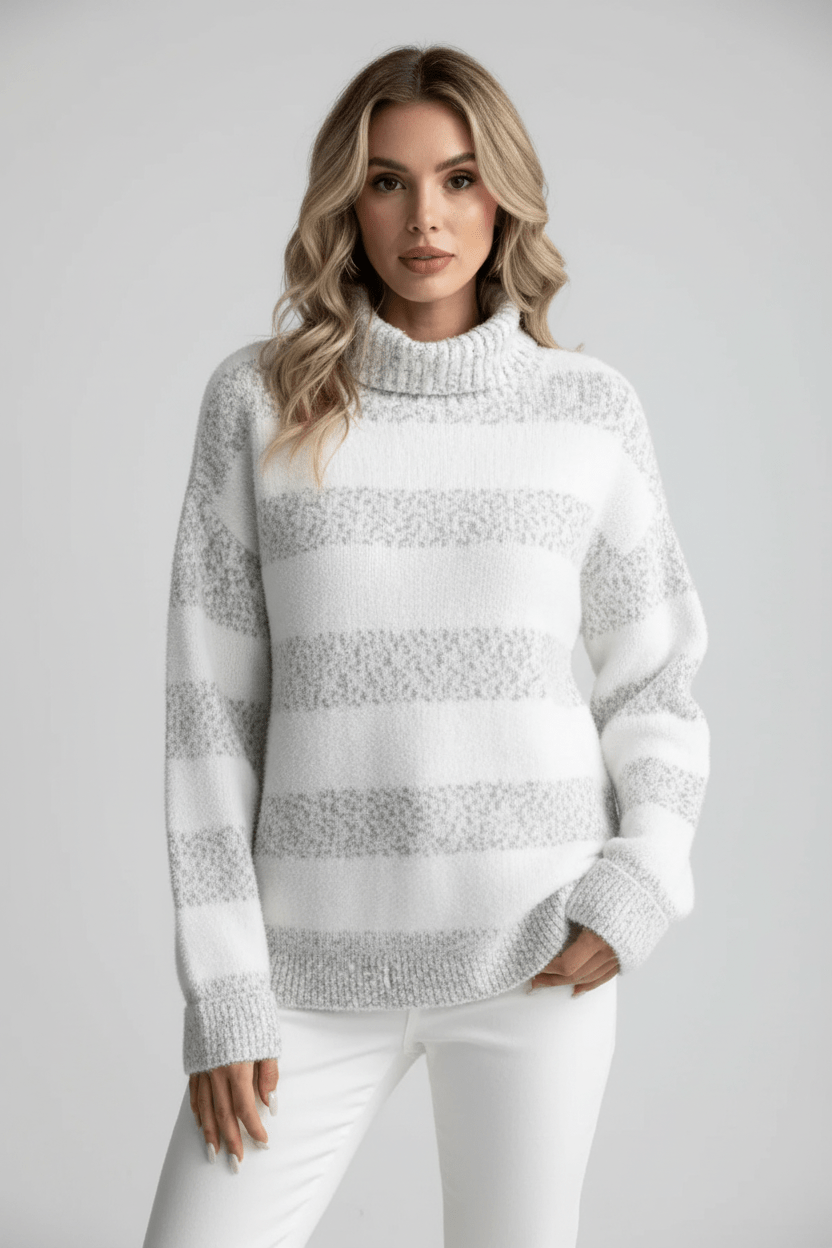 Women’s Plush Knit Jumper with Ribbed Turtleneck and Striped Texture