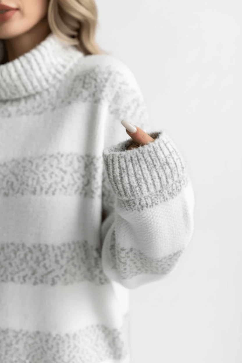 Women’s Plush Knit Jumper with Ribbed Turtleneck and Striped Texture