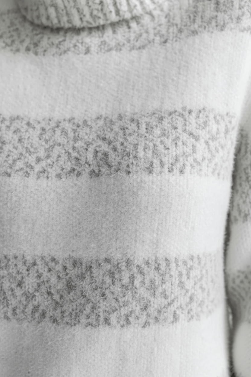 Women’s Plush Knit Jumper with Ribbed Turtleneck and Striped Texture