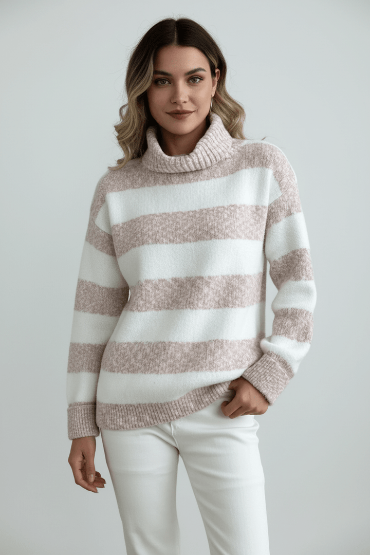 Women’s Plush Knit Jumper with Ribbed Turtleneck and Striped Texture