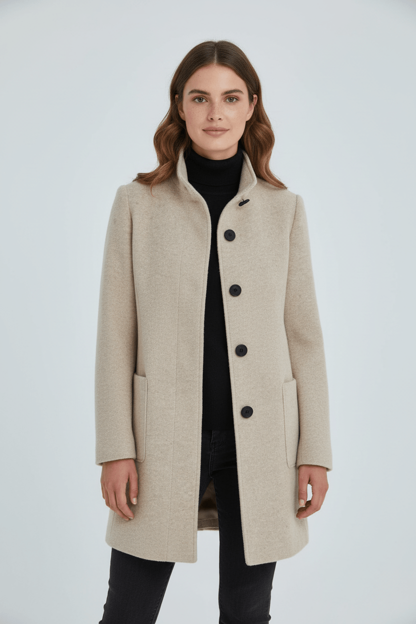 Women’s Long Coat | Stand Collar Jacket with Tailored Fit & Button Front