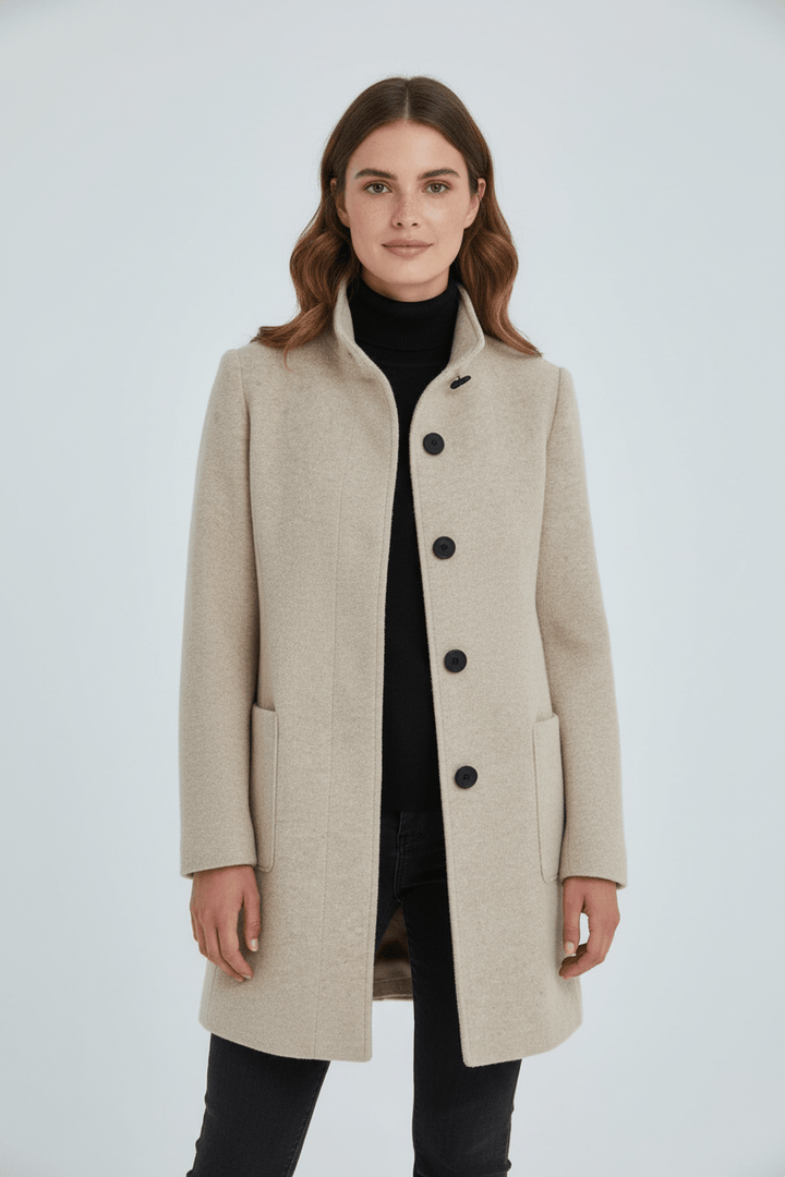 Women’s Long Coat | Stand Collar Jacket with Tailored Fit & Button Front