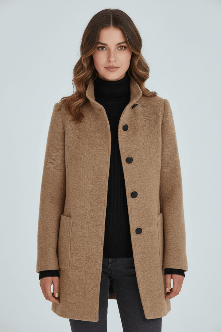 Women’s Long Coat | Stand Collar Jacket with Tailored Fit & Button Front
