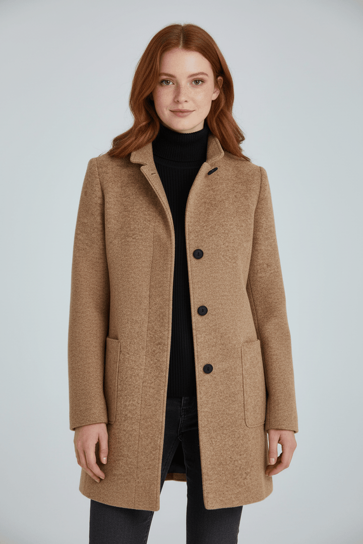 Women’s Long Coat | Stand Collar Jacket with Tailored Fit & Button Front