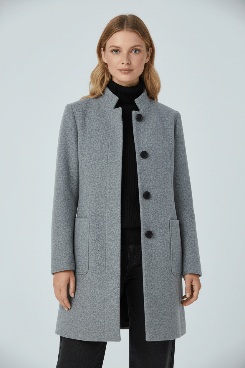 Women’s Long Coat | Stand Collar Jacket with Tailored Fit & Button Front