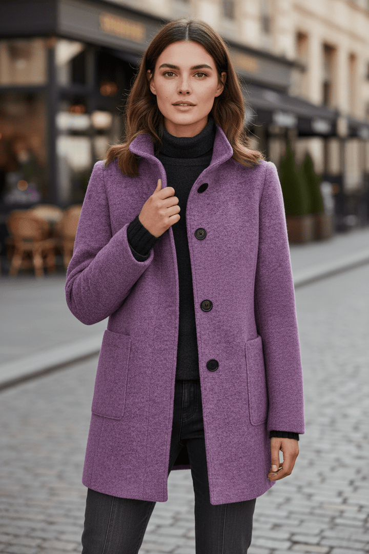 Women’s Long Coat | Stand Collar Jacket with Tailored Fit & Button Front