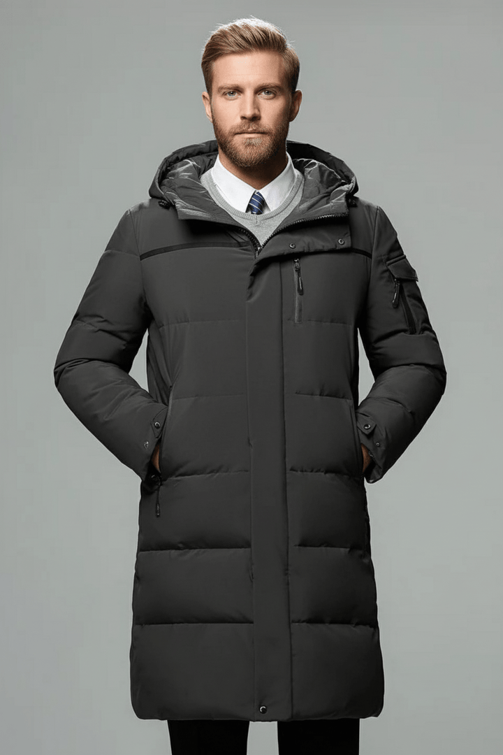 Men’s Insulated Water-Resistant Long Jacket with Hood