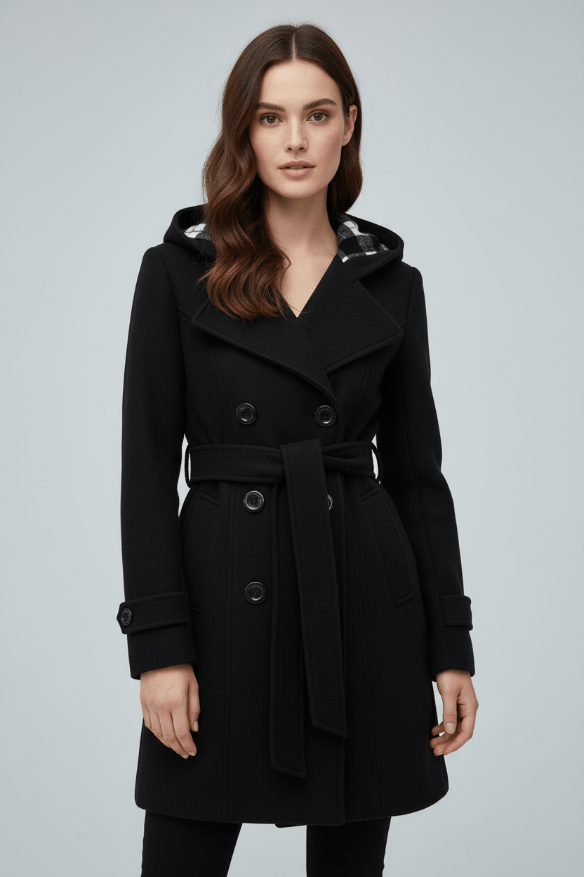 Women’s Double-Breasted Hooded Coat with Belted Waist