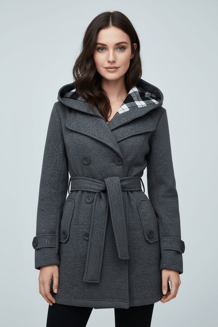 Women’s Double-Breasted Hooded Coat with Belted Waist