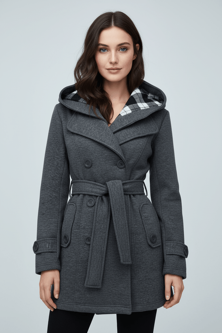 Women’s Double-Breasted Hooded Coat with Belted Waist