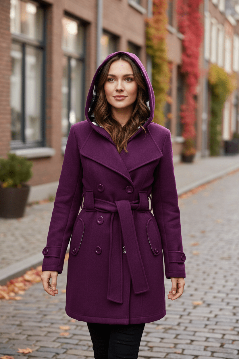 Women’s Double-Breasted Hooded Coat with Belted Waist