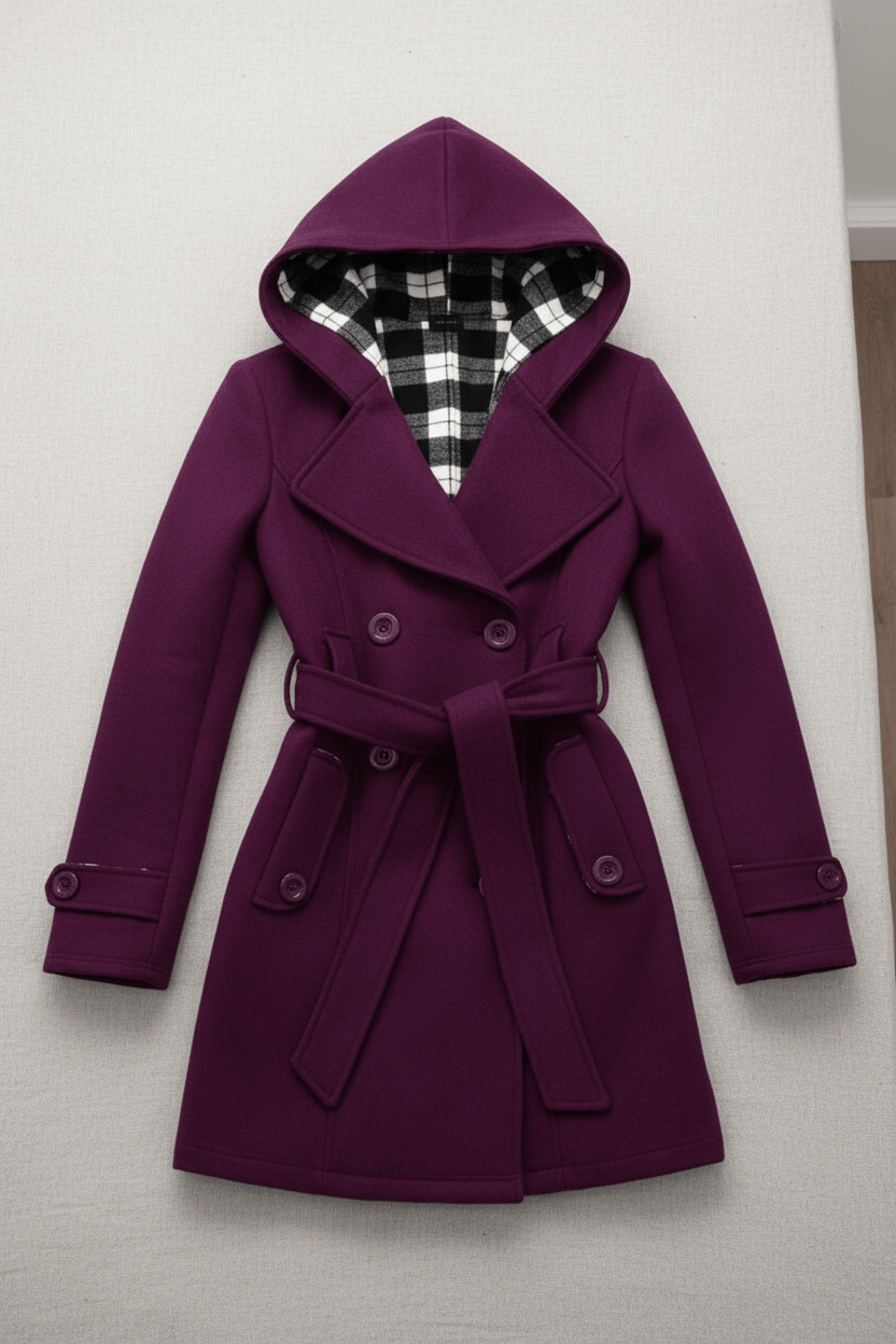 Women’s Double-Breasted Hooded Coat with Belted Waist