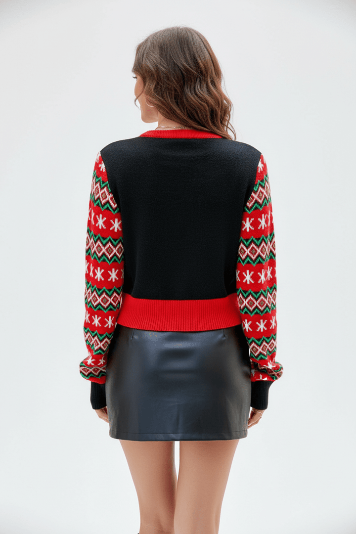 Women’s Cropped Knit Jumper with Graphic Front and Patterned Sleeves