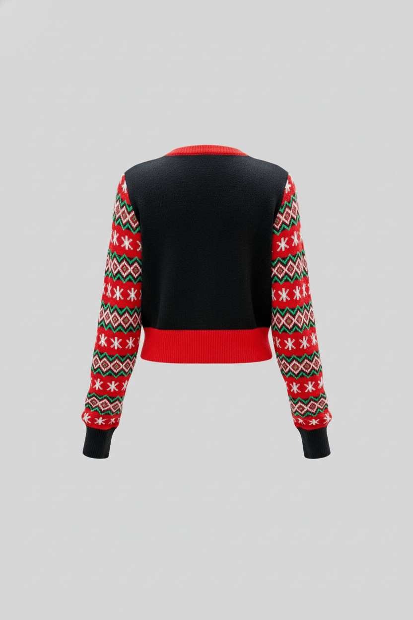 Women’s Cropped Knit Jumper with Graphic Front and Patterned Sleeves