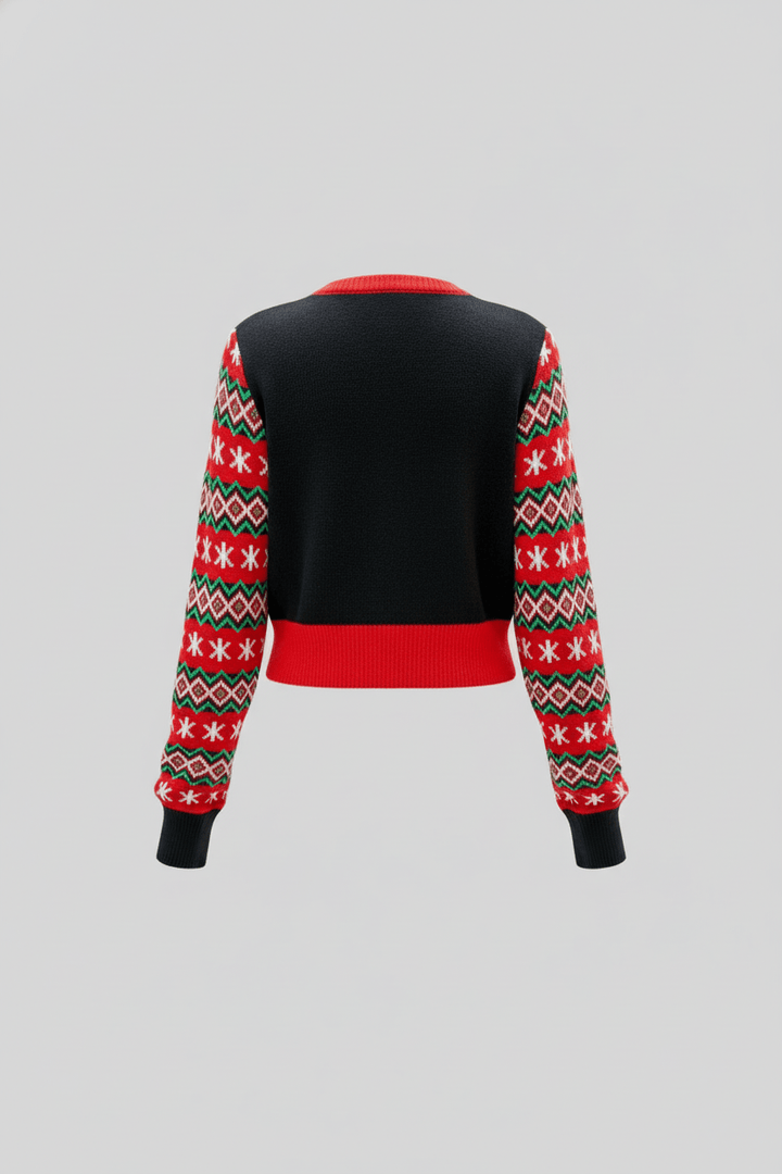Women’s Cropped Knit Jumper with Graphic Front and Patterned Sleeves