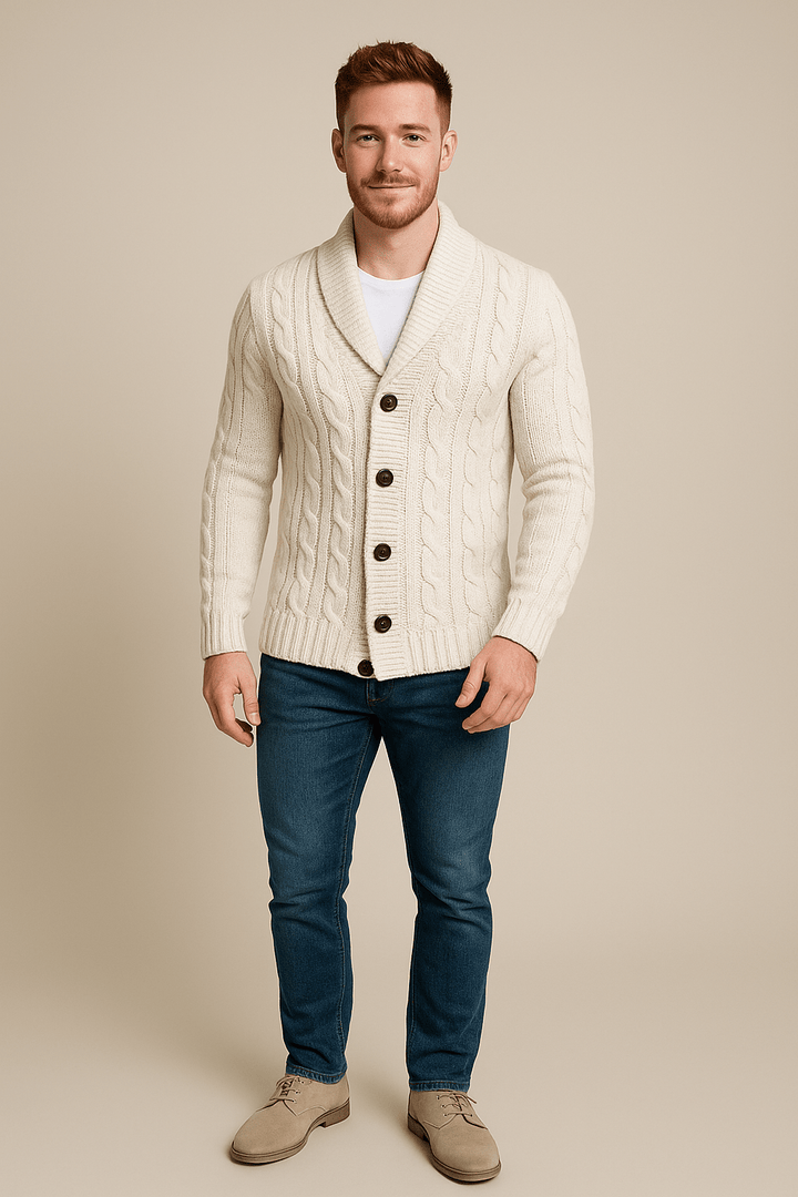 Men’s Cable Knit Cardigan – Button-Up Shawl Collar Sweater