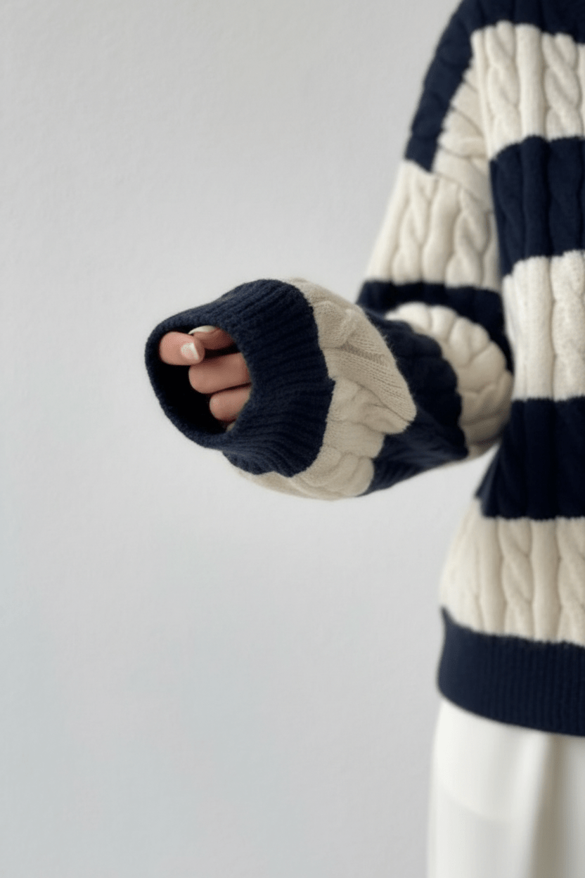 Women’s Oversized Cable Knit V-Neck Jumper with Striped Detailing