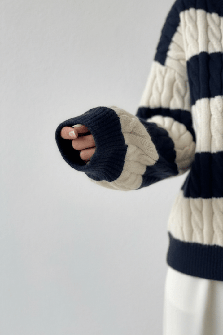 Women’s Oversized Cable Knit V-Neck Jumper with Striped Detailing