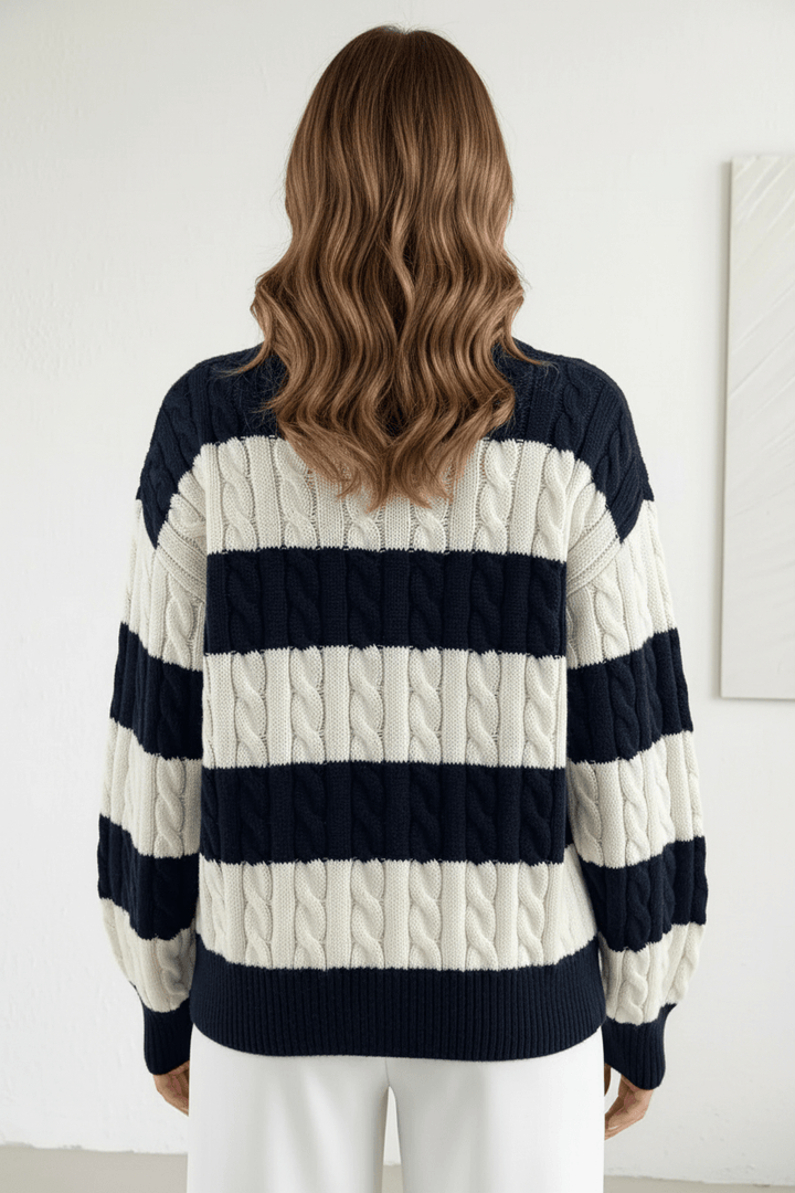 Women’s Oversized Cable Knit V-Neck Jumper with Striped Detailing