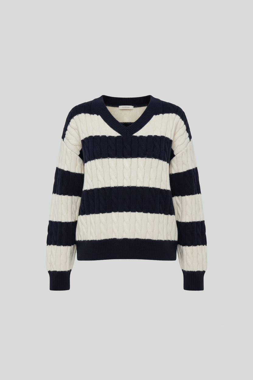 Women’s Oversized Cable Knit V-Neck Jumper with Striped Detailing