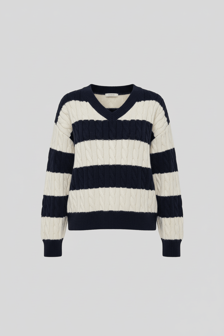 Women’s Oversized Cable Knit V-Neck Jumper with Striped Detailing