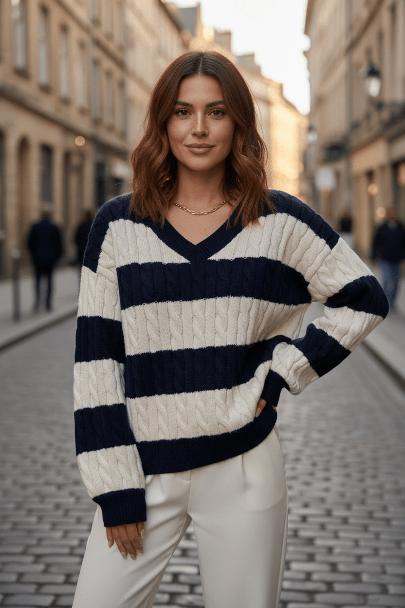 Women’s Oversized Cable Knit V-Neck Jumper with Striped Detailing