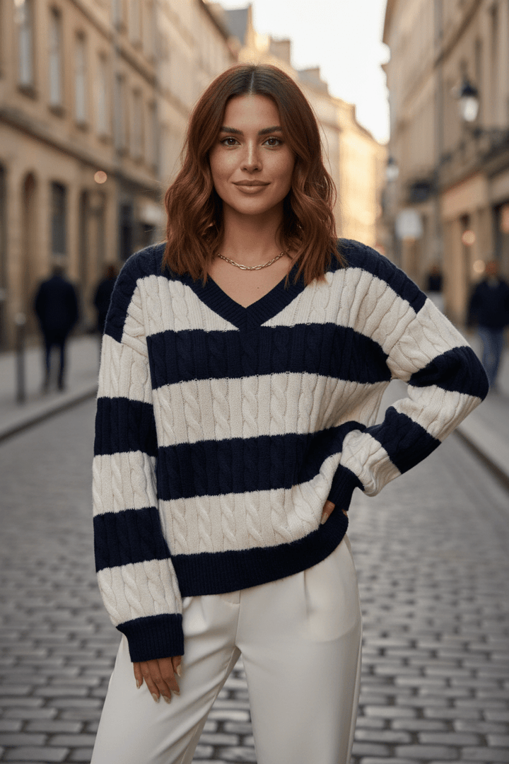 Women’s Oversized Cable Knit V-Neck Jumper with Striped Detailing