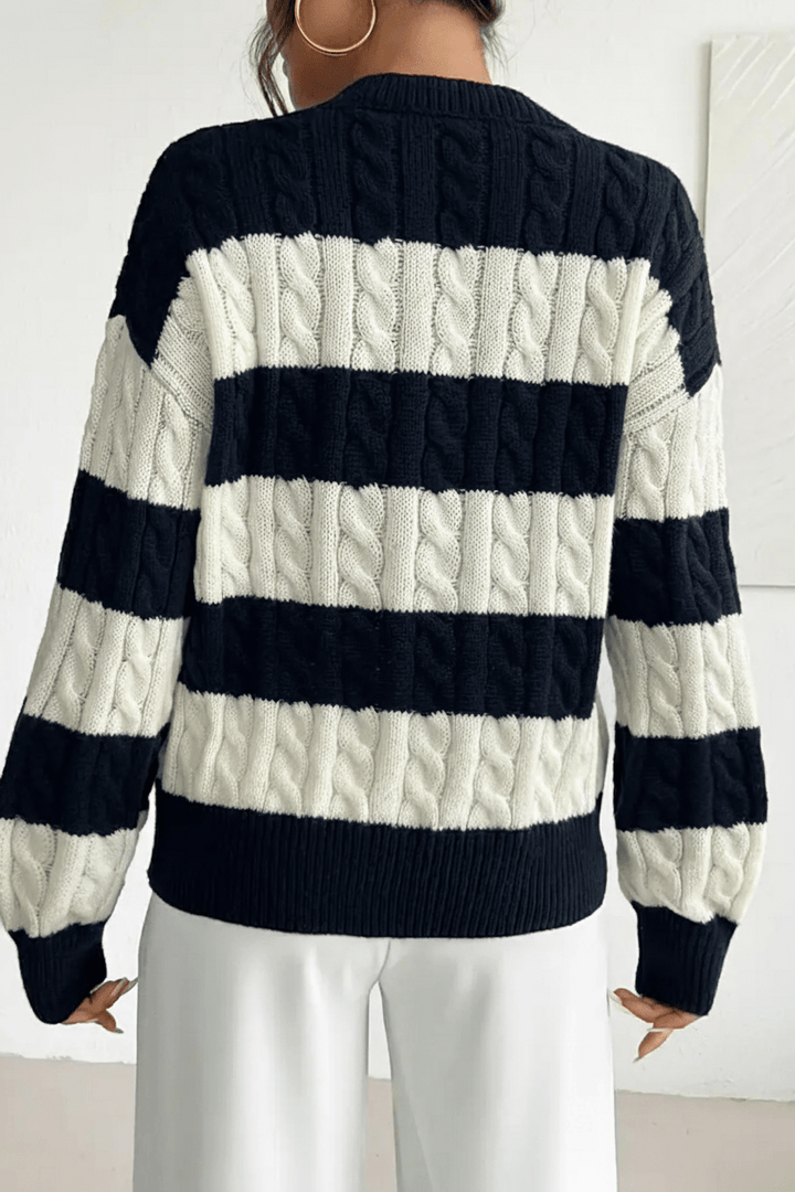 Women’s Oversized Cable Knit V-Neck Jumper with Striped Detailing