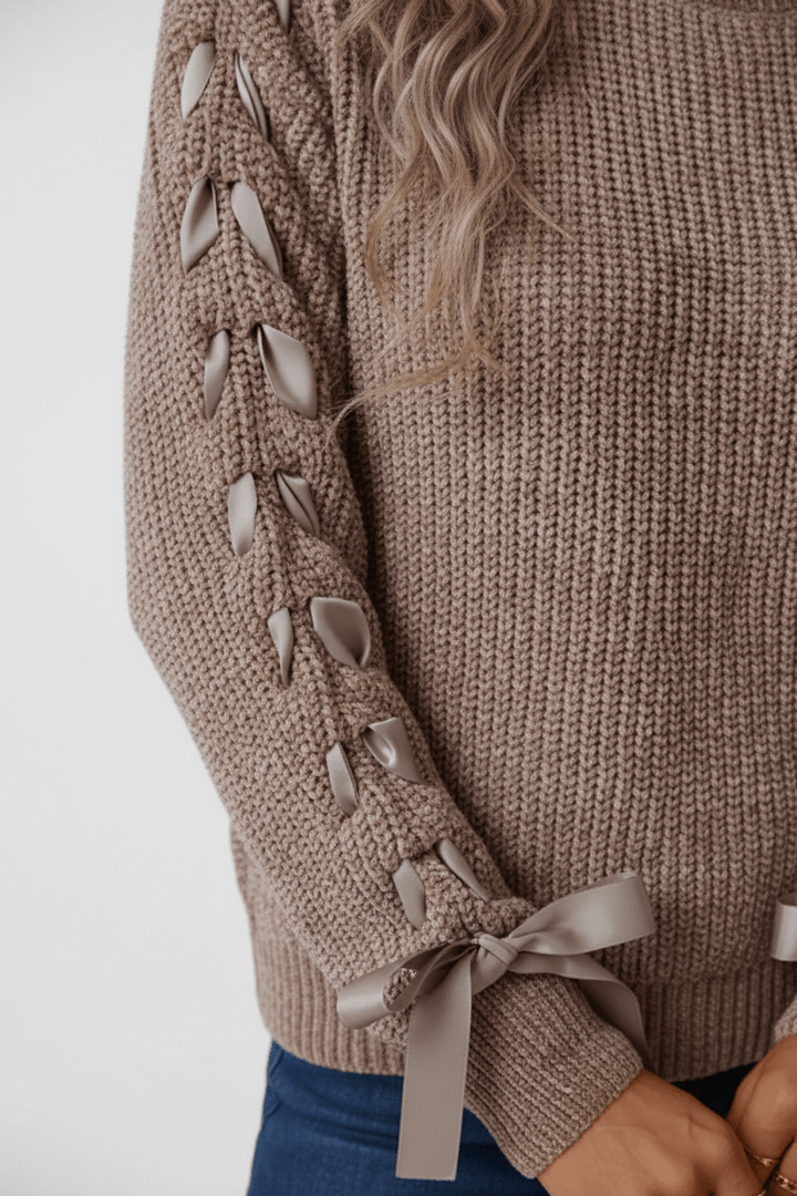 Women’s Relaxed Fit Ribbed Jumper with Lace-Up Sleeves