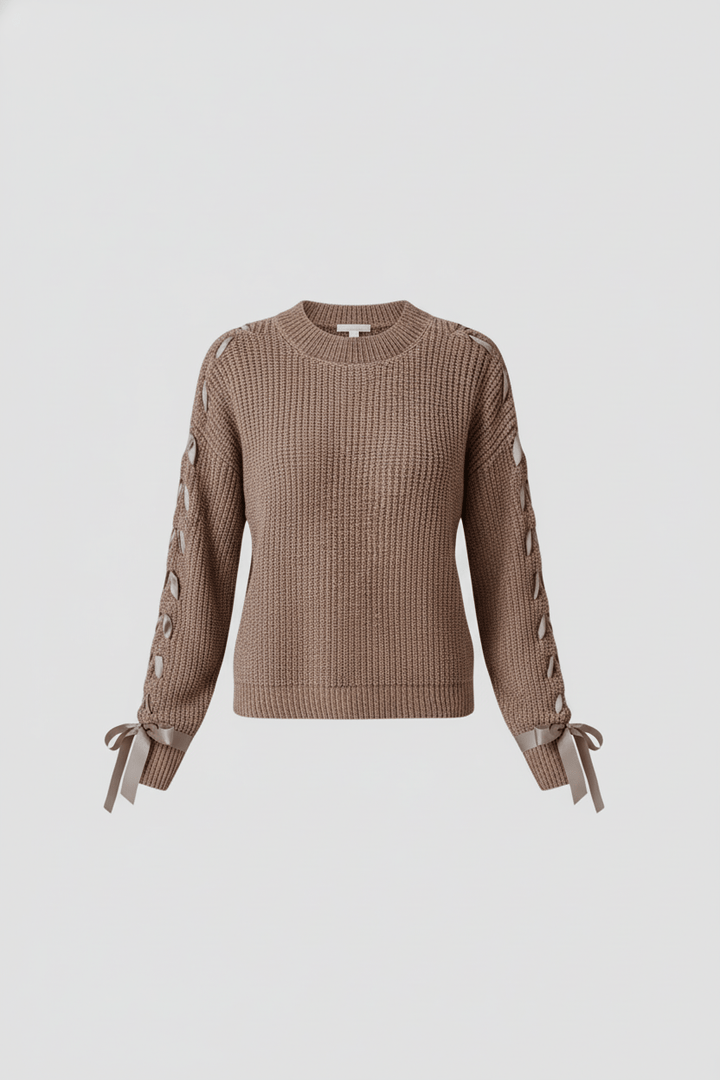 Women’s Relaxed Fit Ribbed Jumper with Lace-Up Sleeves