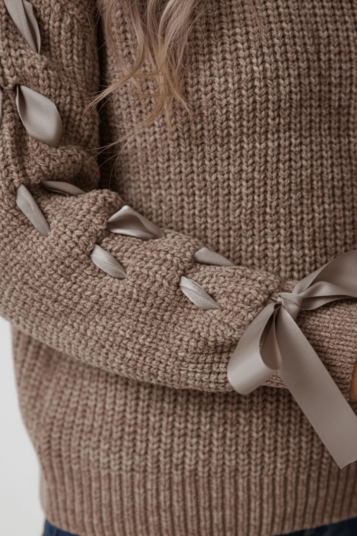 Women’s Relaxed Fit Ribbed Jumper with Lace-Up Sleeves