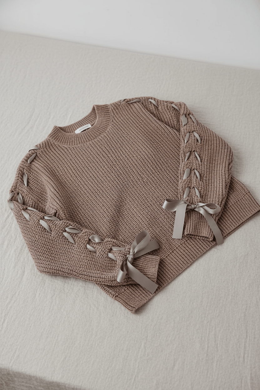 Women’s Relaxed Fit Ribbed Jumper with Lace-Up Sleeves