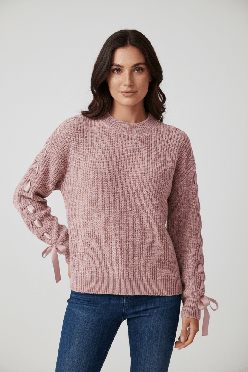 Women’s Relaxed Fit Ribbed Jumper with Lace-Up Sleeves