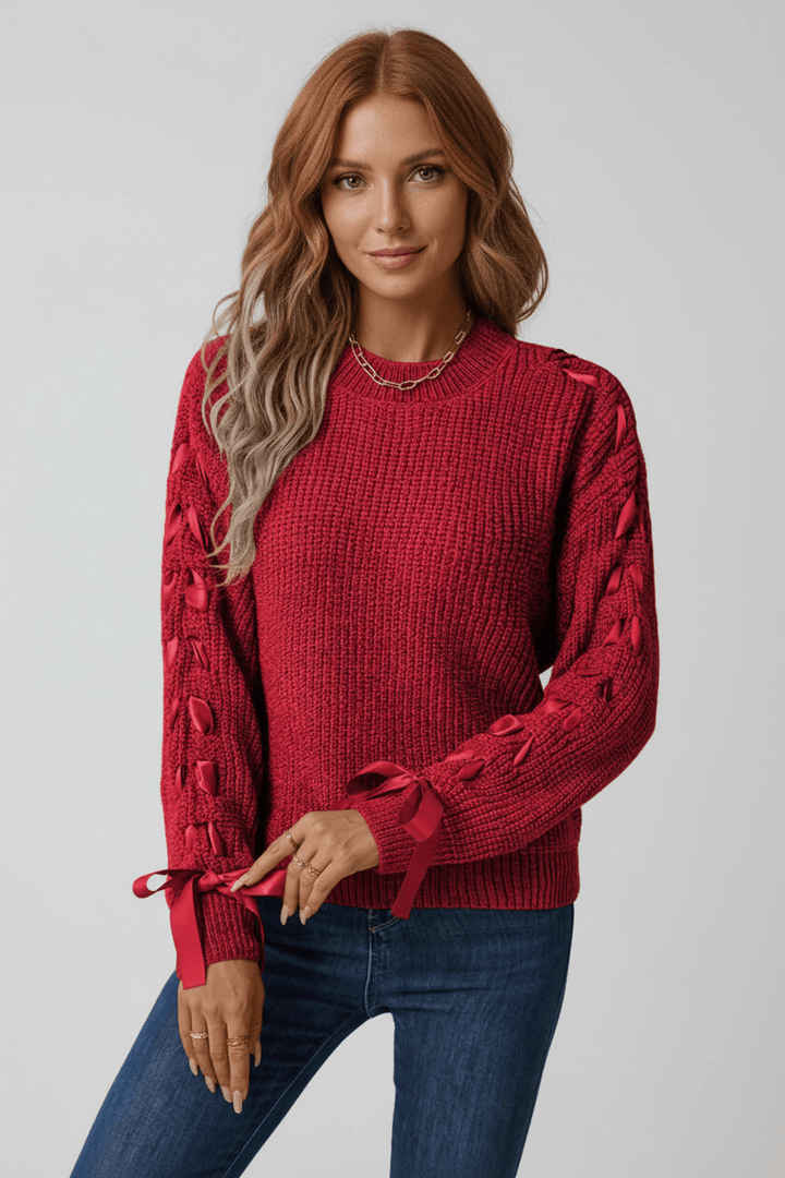 Women’s Relaxed Fit Ribbed Jumper with Lace-Up Sleeves