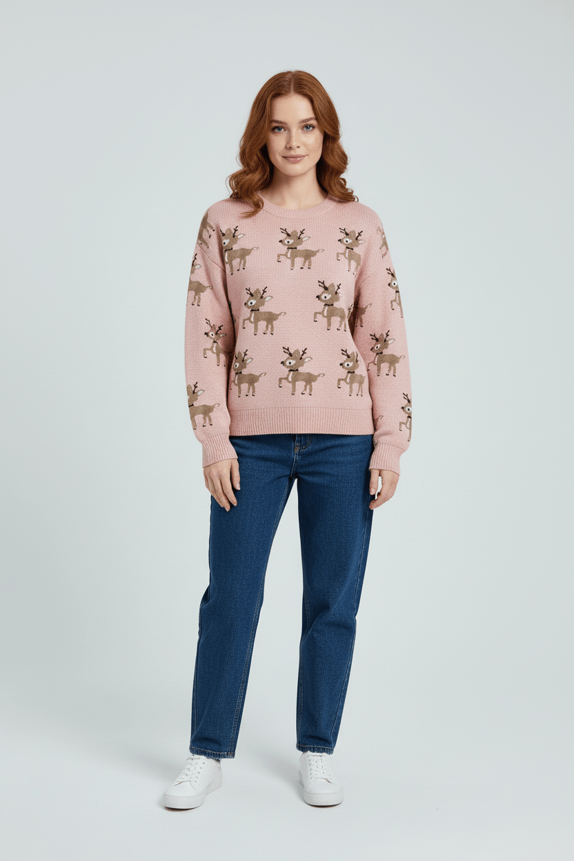 Women’s Oversized Jacquard Knit Jumper with Deer Pattern