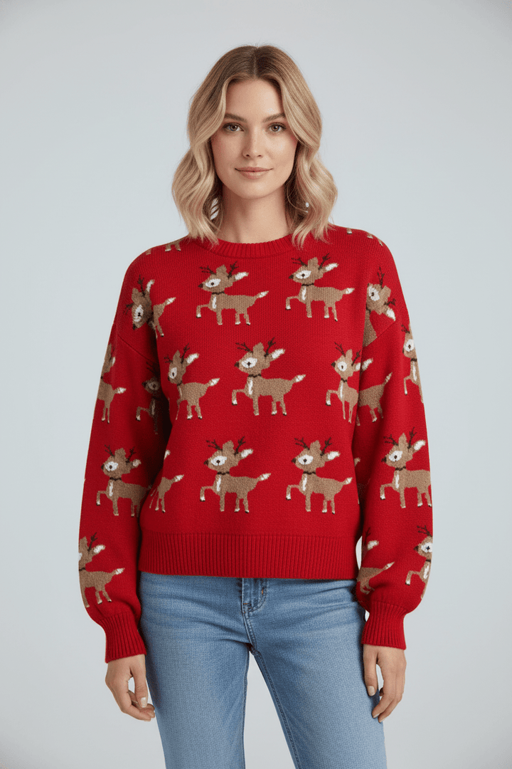 Women’s Oversized Jacquard Knit Jumper with Deer Pattern