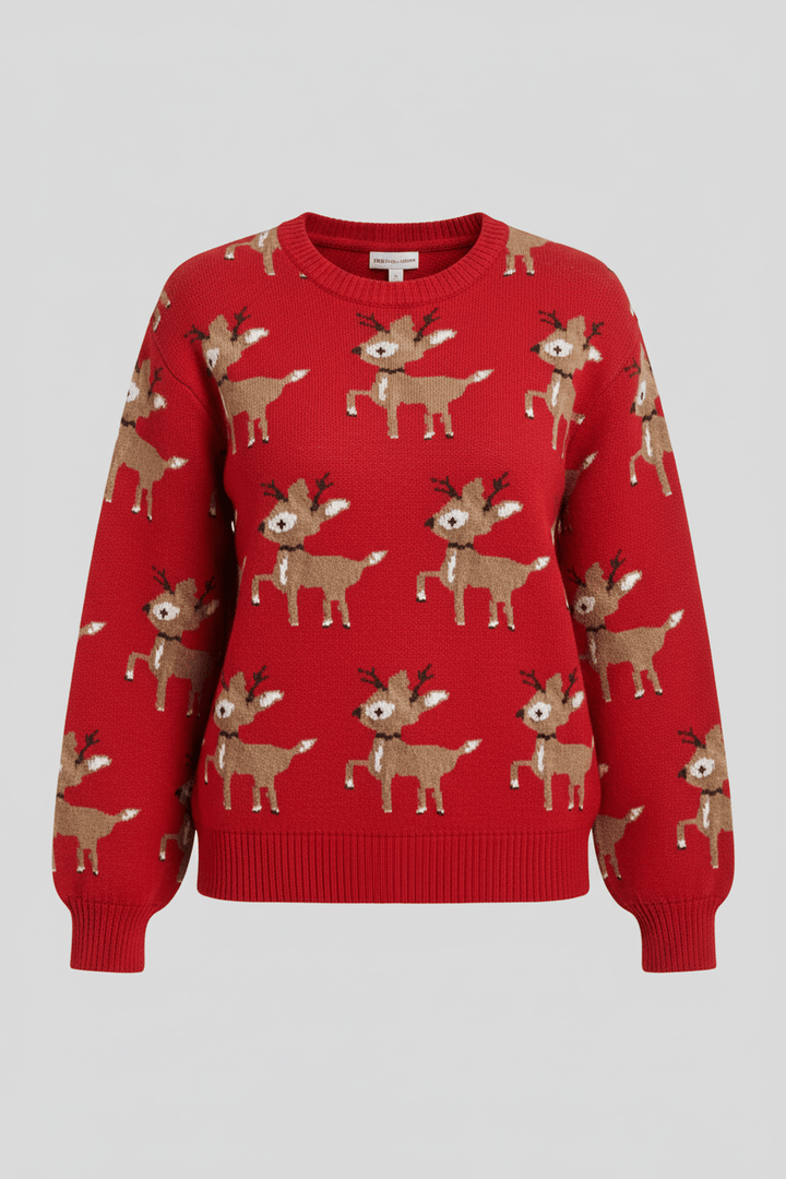 Women’s Oversized Jacquard Knit Jumper with Deer Pattern