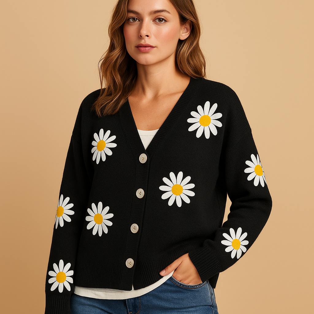 Women's Knitted Cardigan with Buttons – Floral Pattern and Cosy Feel