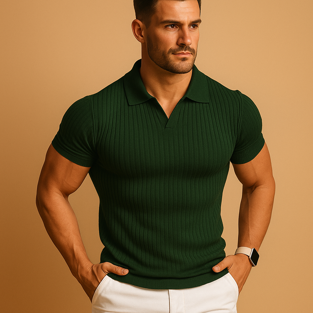 Men’s Slim Fit Polo Shirt – Ribbed Texture & V-Neck Collar