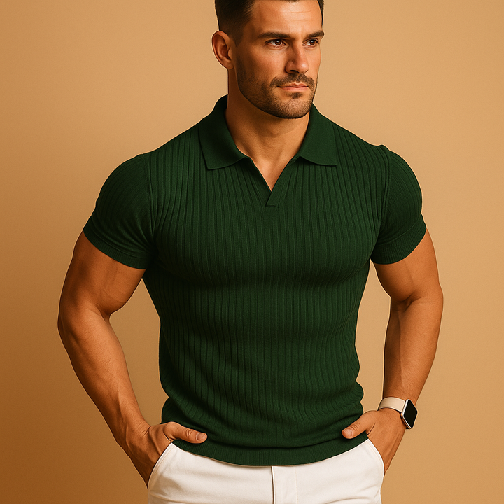 Men’s Slim Fit Polo Shirt – Ribbed Texture & V-Neck Collar