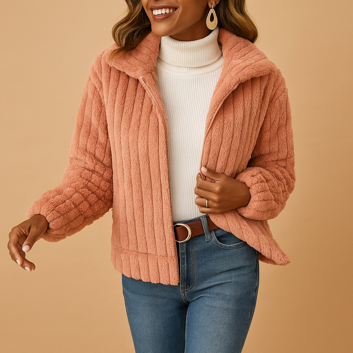 Women’s Long Fleece Jacket with Stand Collar – Warmth Meets Everyday Elegance