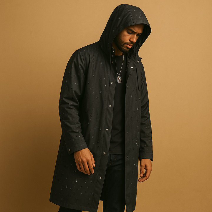 Men's Long Waterproof Raincoat with Hood - Lined Outdoor Jacket