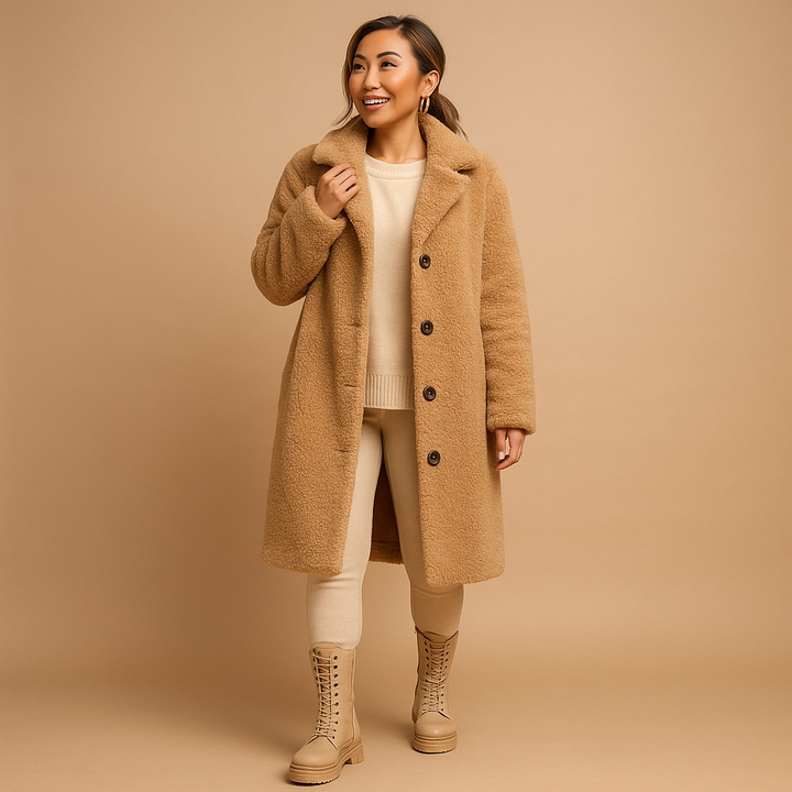Beige Long Teddy Coat for Women – Oversized Ladies Winter Jacket