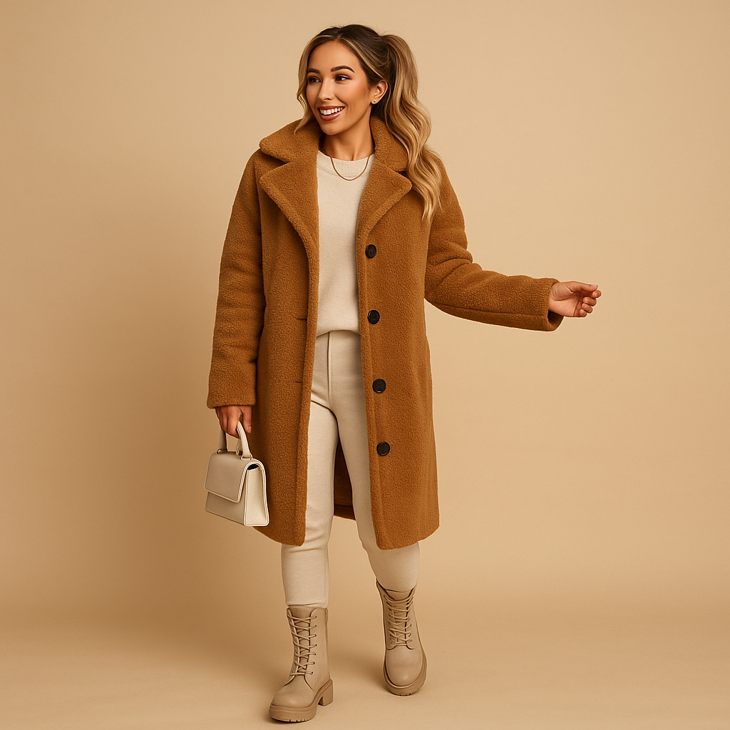 Beige Long Teddy Coat for Women – Oversized Ladies Winter Jacket
