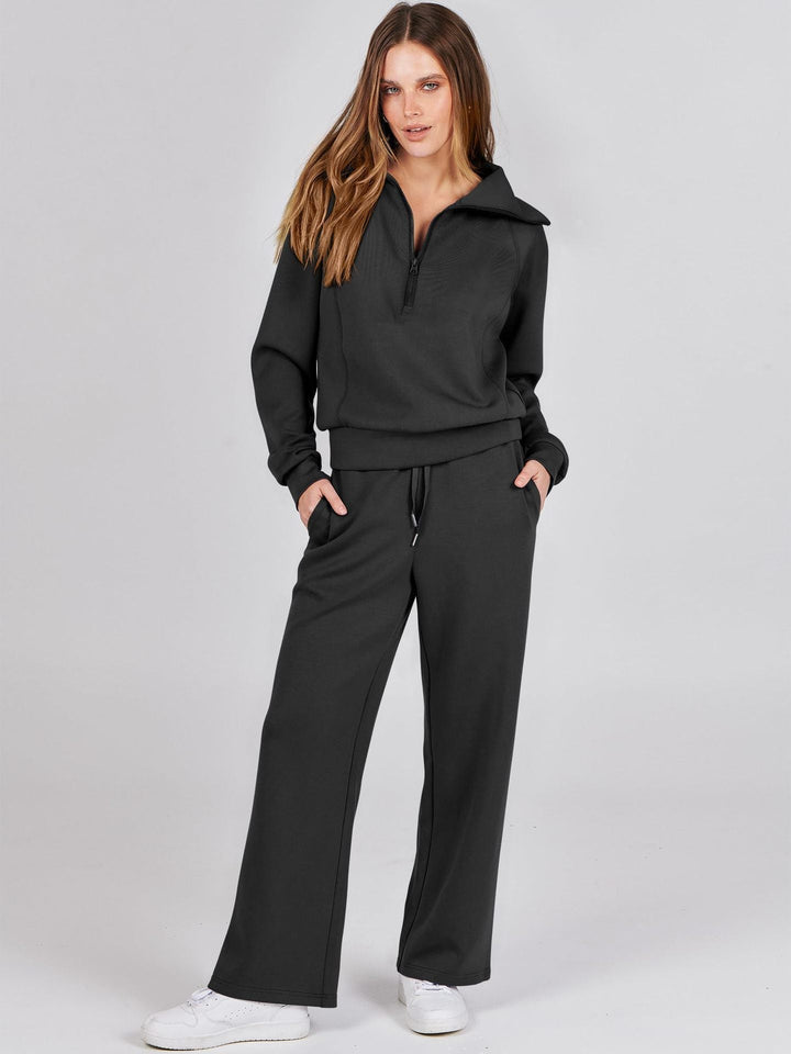 Women’s Casual Two-Piece Set with Zip-Neck Top and Wide-Leg Trousers
