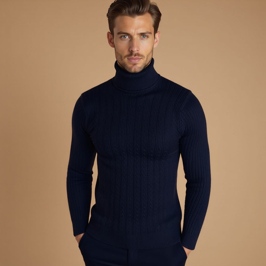 Men’s Cable Knit Turtleneck Jumper – Warm Roll Neck Knit
